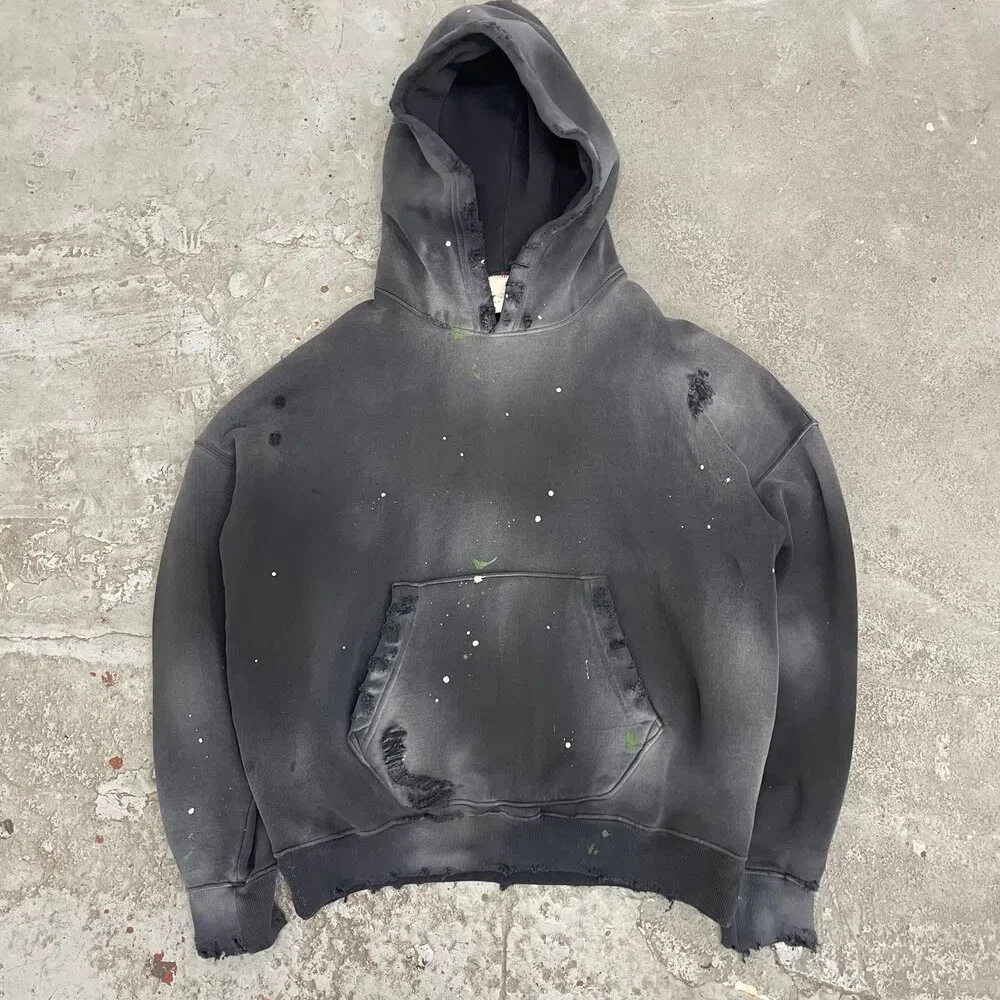 Wholesale Vintage Sun Faded  No String Heavyweight Distressed Fabric Acid Wash Blank Cut And Sew Hoodie