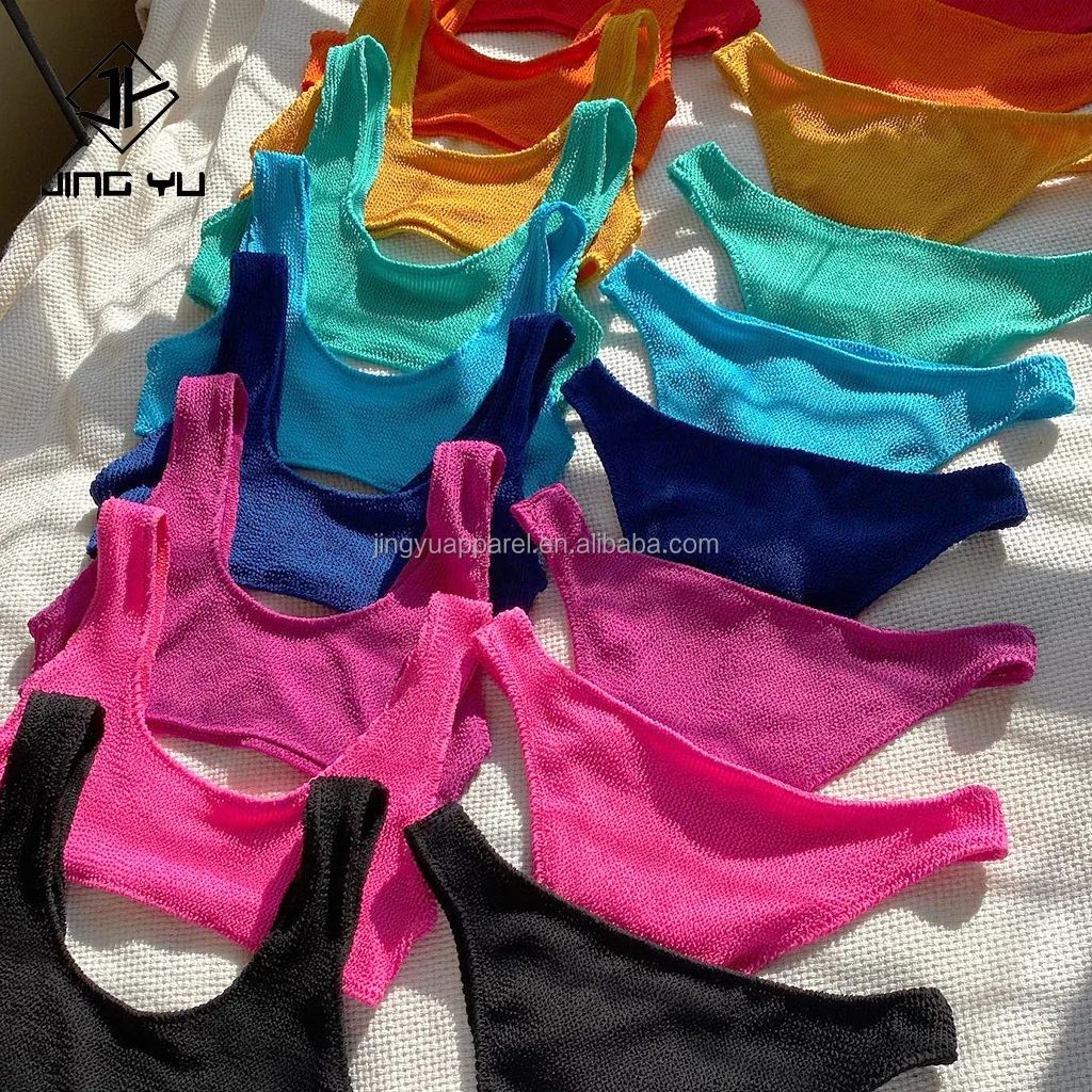 2024 Famous Brands Textured Stretchy Bandeau Bikini Custom Logo Swimwear Women Crinkle Rib Fabric Bikini