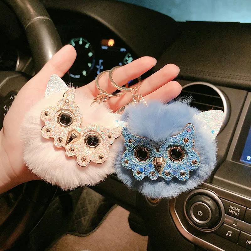 New fashion Cute Sequin Ears Owl Keychain Fluffy Artificial Rabbit Hairy Pom-pom Keychain Owl Pendant Key Ring