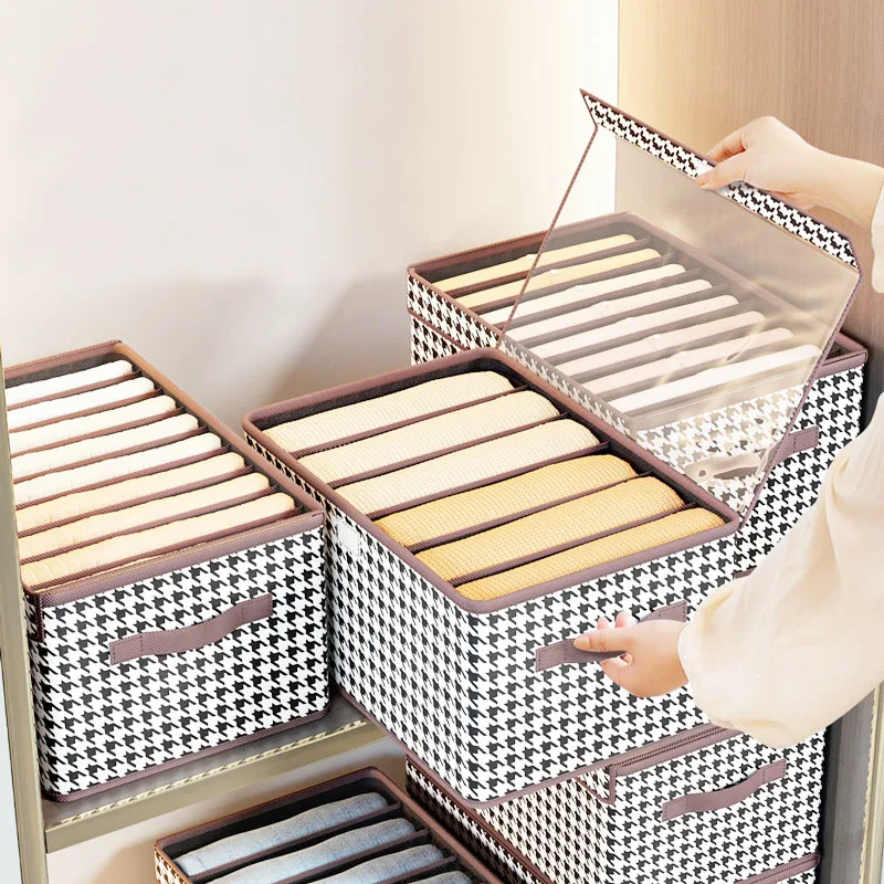 Wardrobe Clothes Organizer Storage Box With Clear PVC Lid Foldable Fabric Bins for Clothing Trousers Large Compartment