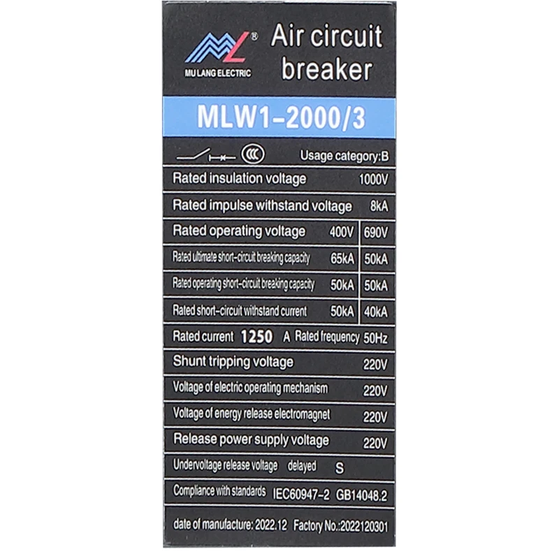 MULANG MLW1-2000 low voltage 3 pole or 4 pole industrial control intelligent universal withdrawable air circuit breaker ACB