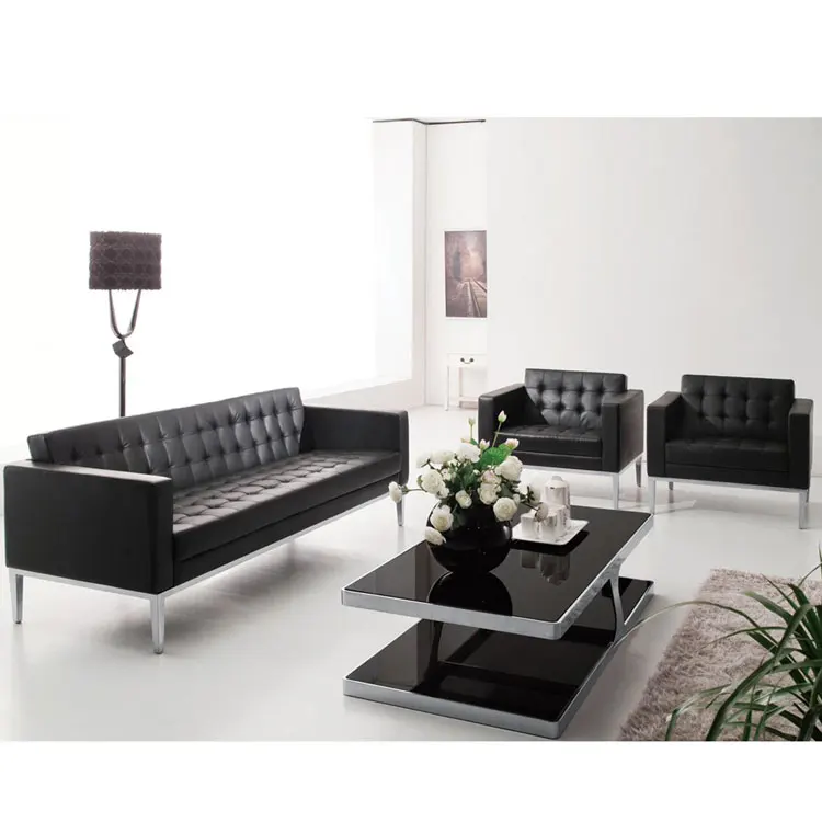 New Model Office Furniture Stainless steel feet PU leather Sofa Setscowhide office three person reception sofa combination