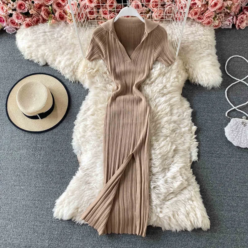 New Arrivals Slit Ladies Solid Color Knitted Pencil Dress
