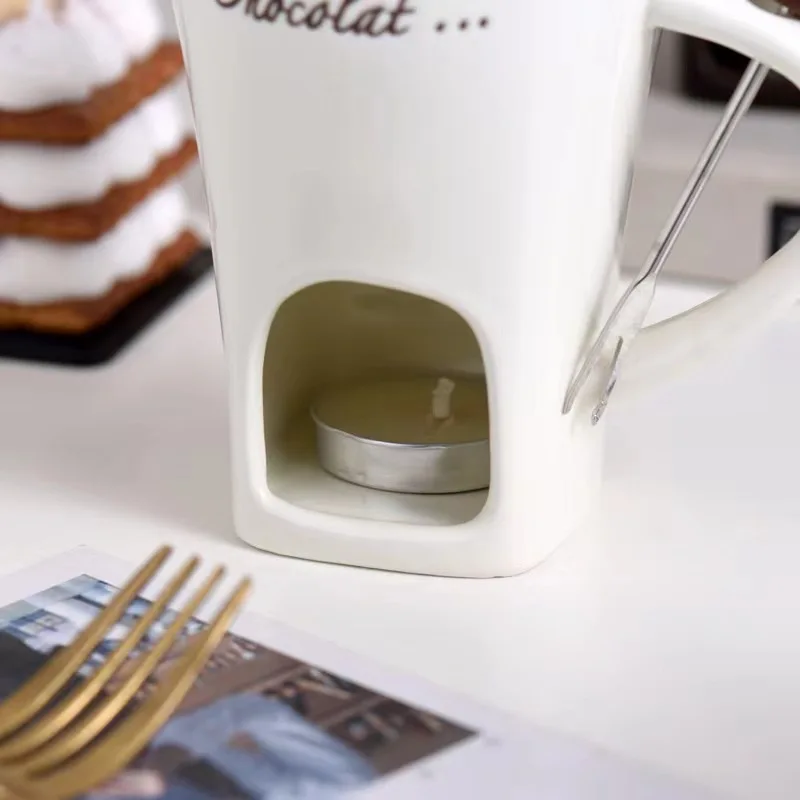 European Swiss Ice Cream Cheese Chocolate melting stove porcelain hot pot Cup with fork for candle ceramic chocolate fondue mug