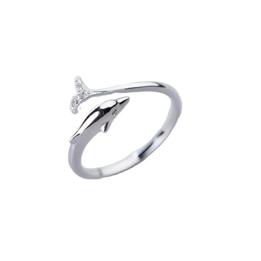 SR104-607 Halo open size 11-16 cubic zircon trendy 925 sterling silver adjustable  mermaid whale tail dolphin fin ring