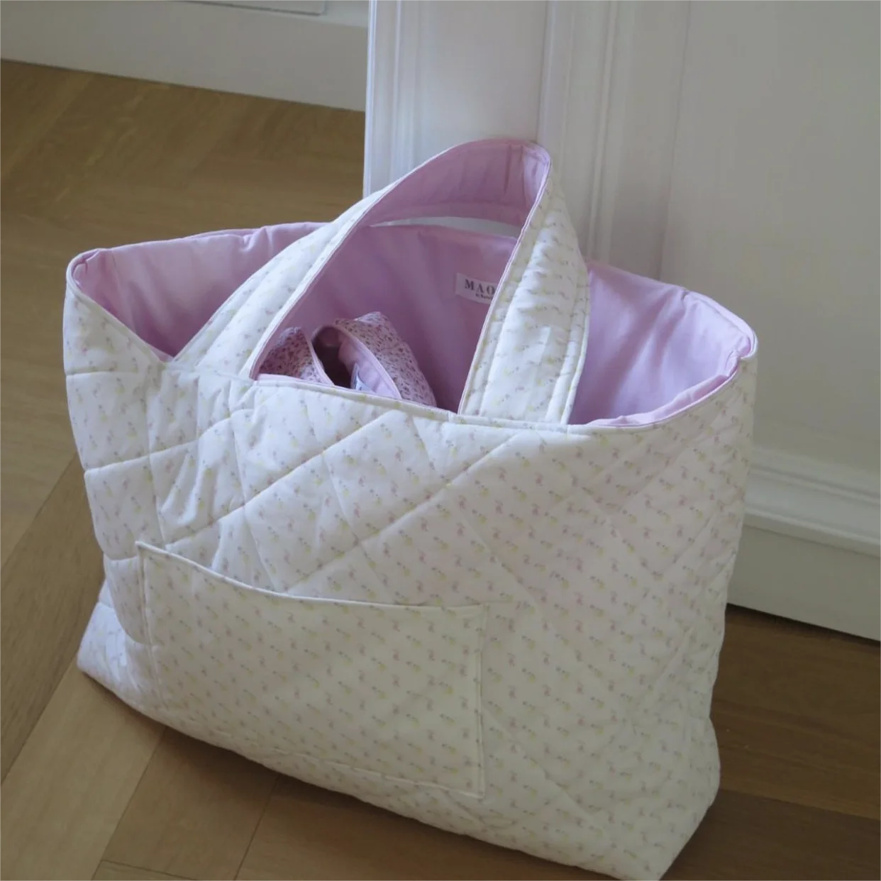 100% cotton large sweetly beach bag light pink floral Luggage vintage quilted Cotton tote bag with Outside pocket