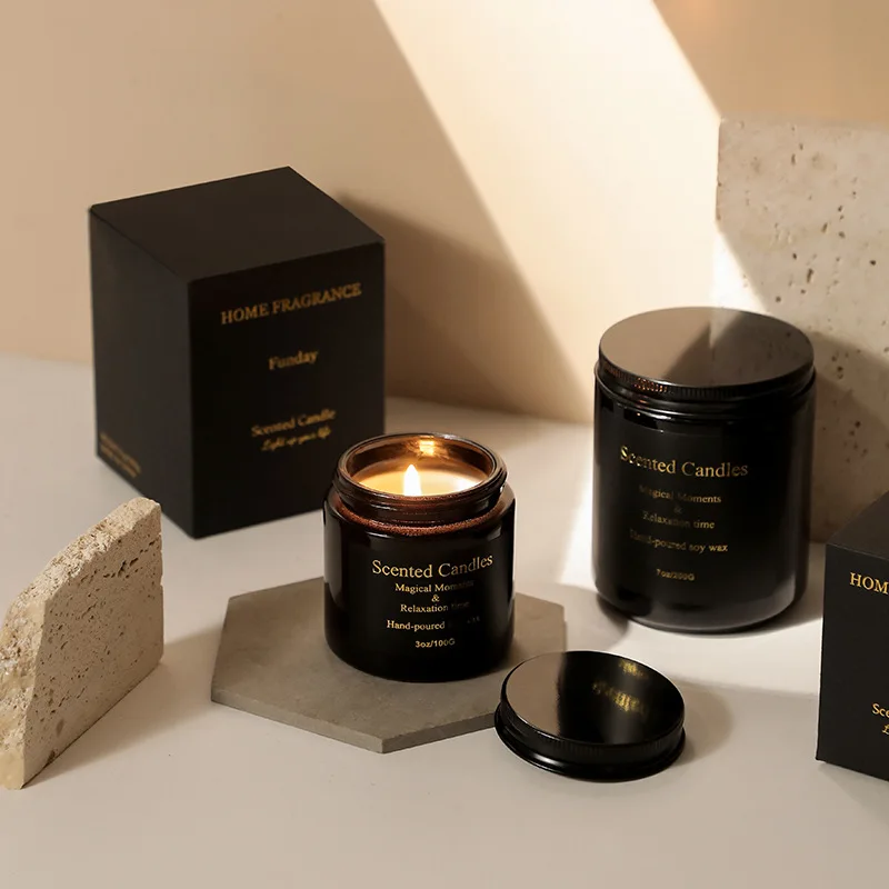 Wholesale Luxury Black Glass Jar Custom Aroma Scented Candles Gift Soy Wax Candles  for Women Wedding Home Decoration