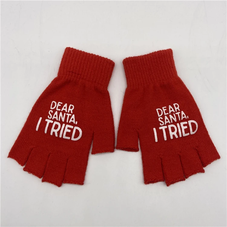 Горячая Распродажа, красные вязаные перчатки унисекс с напечатанным логотипом и вышивкой на заказ, акриловые вязаные перчатки с открытыми пальцами, вязаные перчатки без пальцев