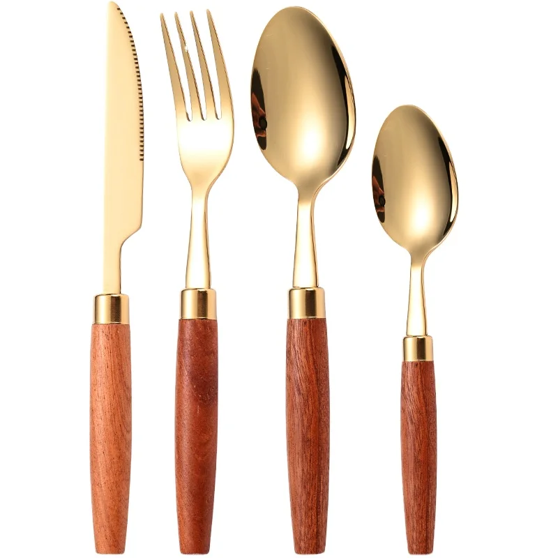 wood handle four pieces 304 stainless steel cutlery set for restaurant kitchen cutlery