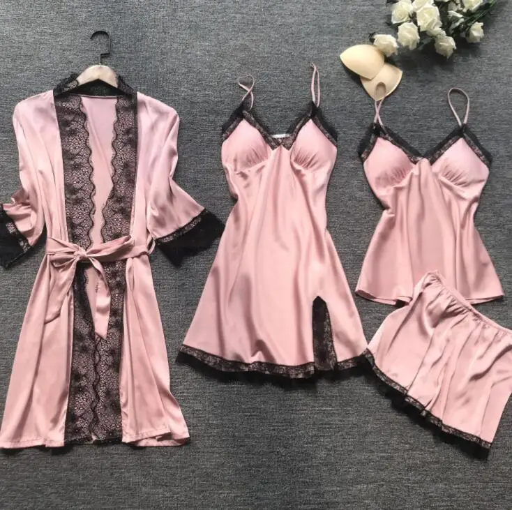 Women Chest Pad Lace Sexy Robe Ice Silk Sleepwear Four Piece Pajamas Set Elegant Silk Satin Pajamas Set
