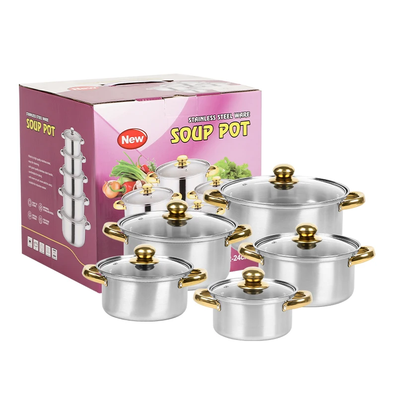 Hot Sale 10pcs Stainless Steel pots Gold Handle Kitchen Cookware Sets Induction Cooking Pots Glass Casserole Collection