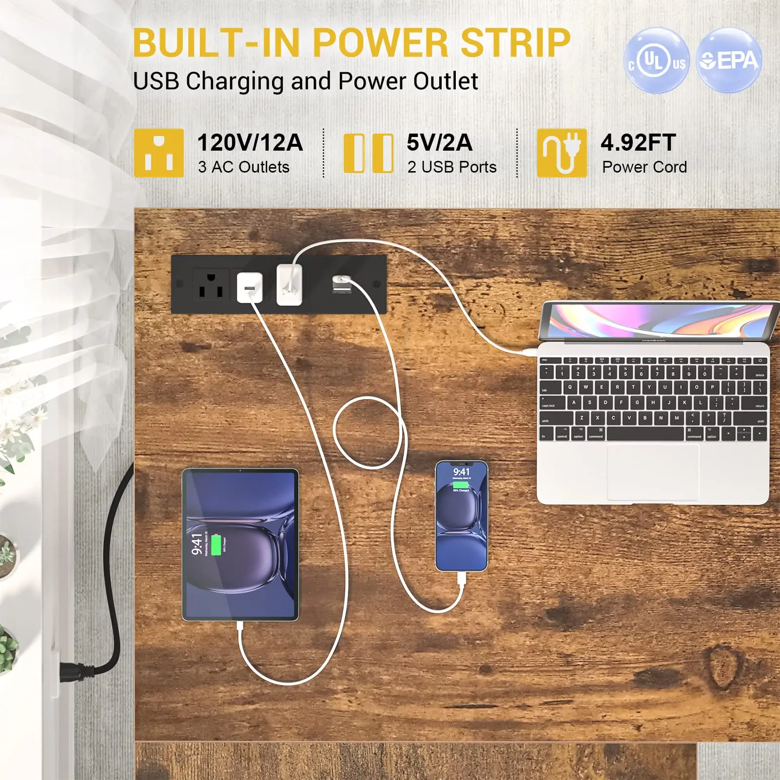 Computer Corner Desk with Storage Shelf and Monitor Stand L Shaped Desk with Power Outlets and LED Strip