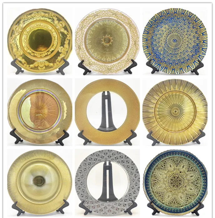 Luxury Royal Hotel Dinning Glass/Plastic Tableware 8/11/13 inches Glass Gold Charger Plates For Wedding Party
