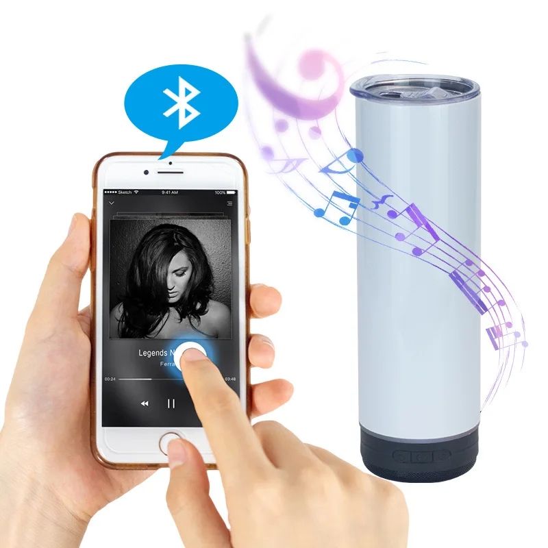 Smart 20oz Bluetooth Music Tumbler Sublimation Wireless USB Charge Straight Thermos Speaker Direct Drinking Adults Office Use