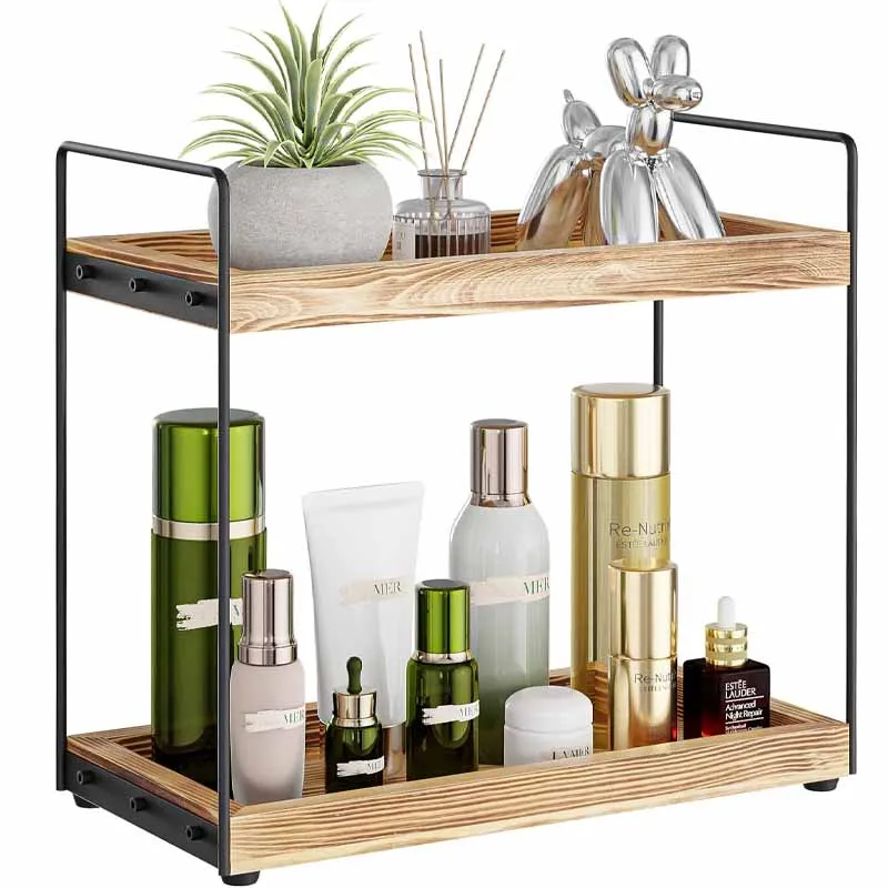 2 Tier floor counter standing rack wooden cosmetics storage rack for desk