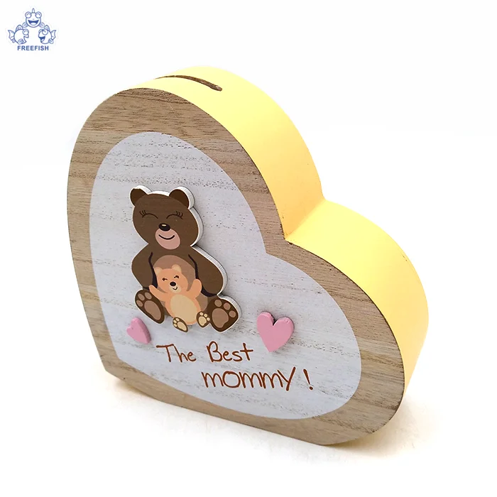 Handicrafts Money Saving Bank Wooden Heart shaped Coin Piggy Box