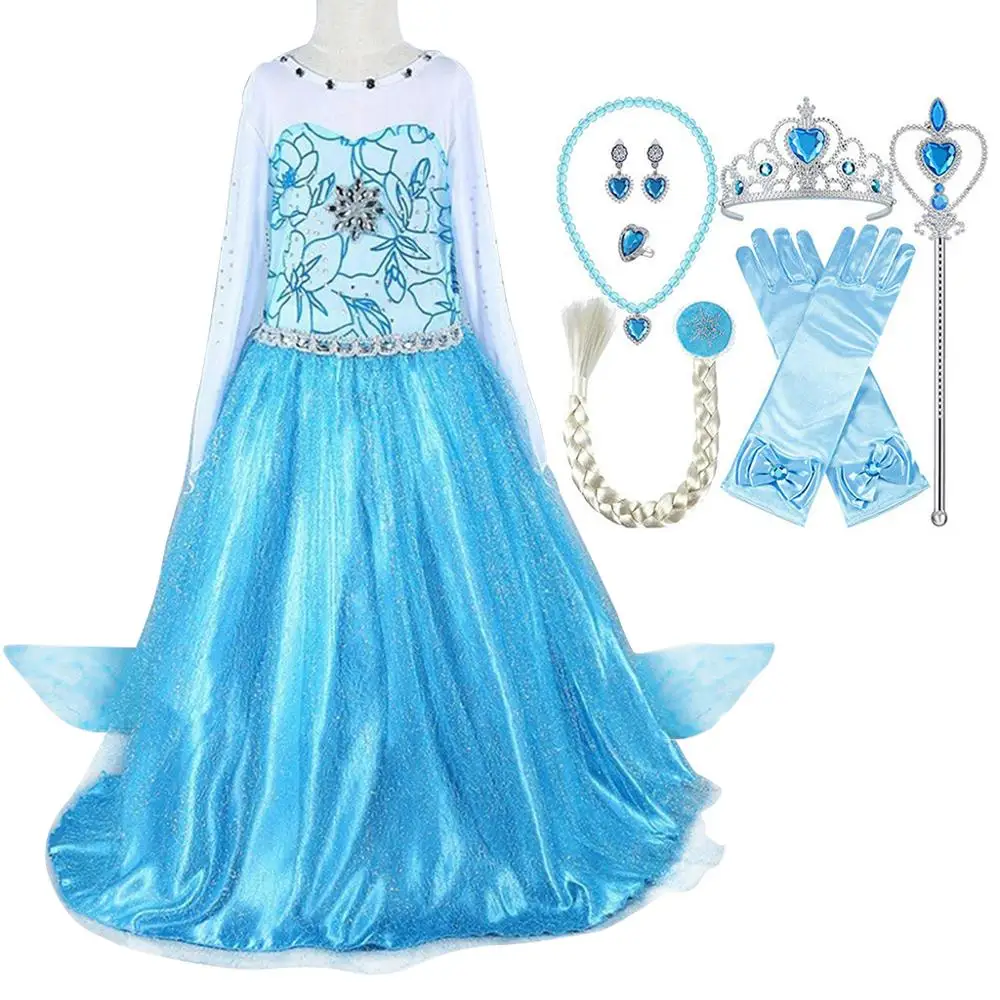 
Kids Girls Frozen Princess Elsa Dress Cosplay Christmas Party Costume Fancy Outfit With Wand Tiara Necklace And Gloves Set 