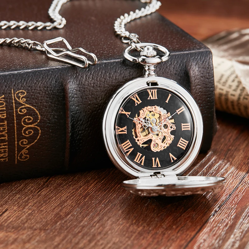 Unique Fashion Switzerland Red Cross Mechanical Pocket Watch With FOB Chain Silver Edelweiss Sculpture Hollow Skeleton Clock Men