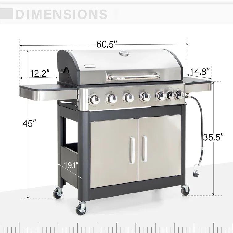 7 Burner Liquid Propane stainless steel  Gas BBQ Grills  with Side Burner and Cabinet barbeque grill