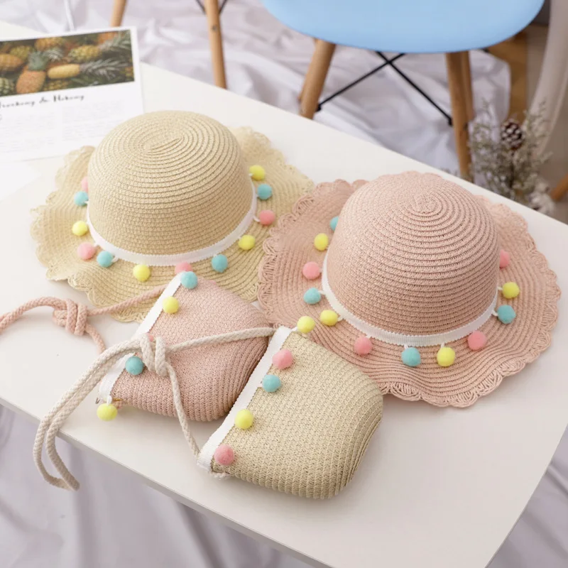 Kids Summer Pink Straw Hat Handbag Set Daisy Patch Lace Flower Band Girls Boater Straw Hats Children Beach Floppy Hat