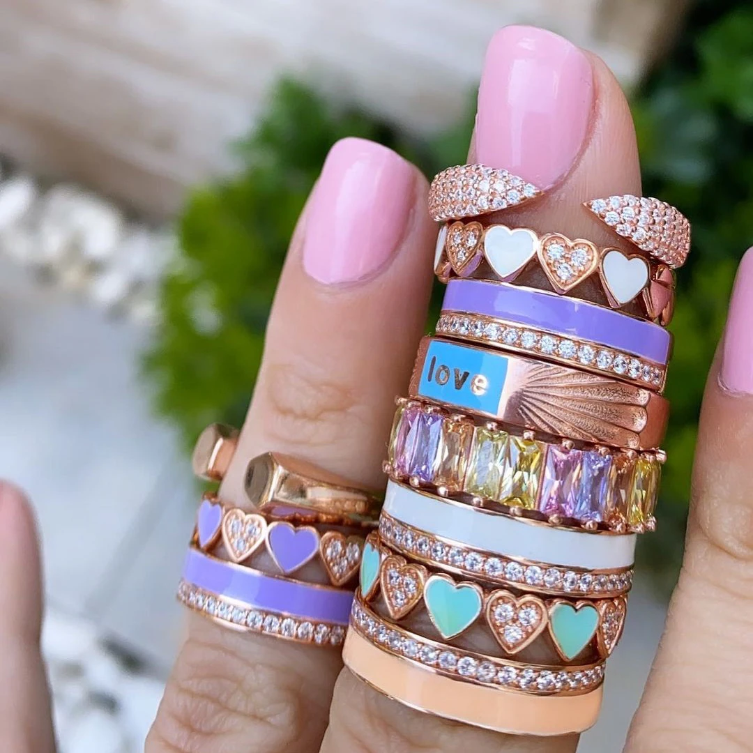 Hot Sale Gold Plated Simple Design Enamel CZ Ring Oil Drip Heart Charm Eternity Ring