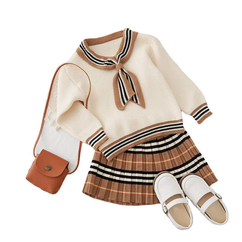 Новинка, весенне-осеннее платье для девочек, свитер, костюм для маленьких девочек, детская одежда, трикотажная одежда, топ и юбка, платье-свитер из двух предметов