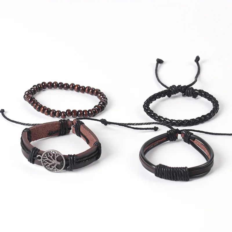 Men Vintage 4Pcs/ Set Braided Wrap Leather Bracelets Handmade Wristbands Life Of Tree Leather Bracelet