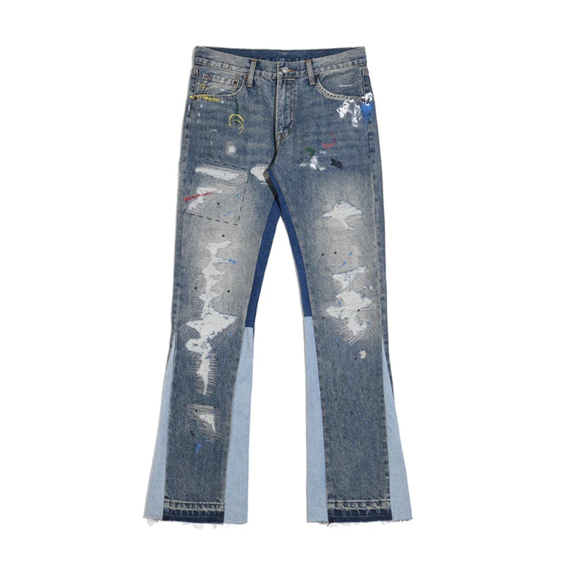 DiZNEW Paint New Design Bell Bottom Denim Pants High Quality Vintage Ripped Jeans Customize Stacked Flare Jeans Men
