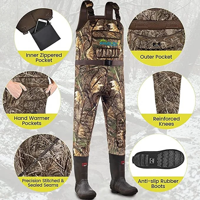 SHAZHIRUI 600Gram Thinsulate Rubber bootfooted neoprene camo chest wader for wild hunting And fishing