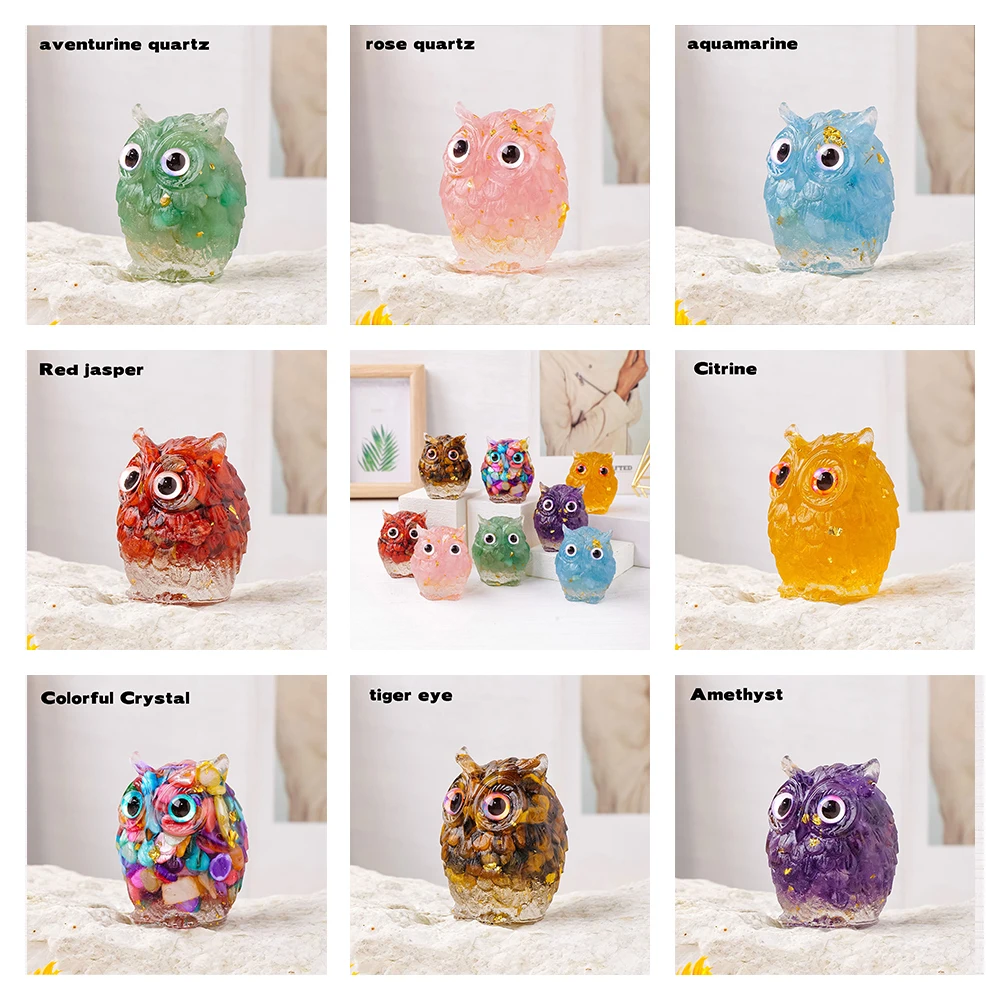 Factory Custom Natural Crush Stone Mix Resin Crystals Owl High Quality Healing Stone Crystal Owl Ornaments