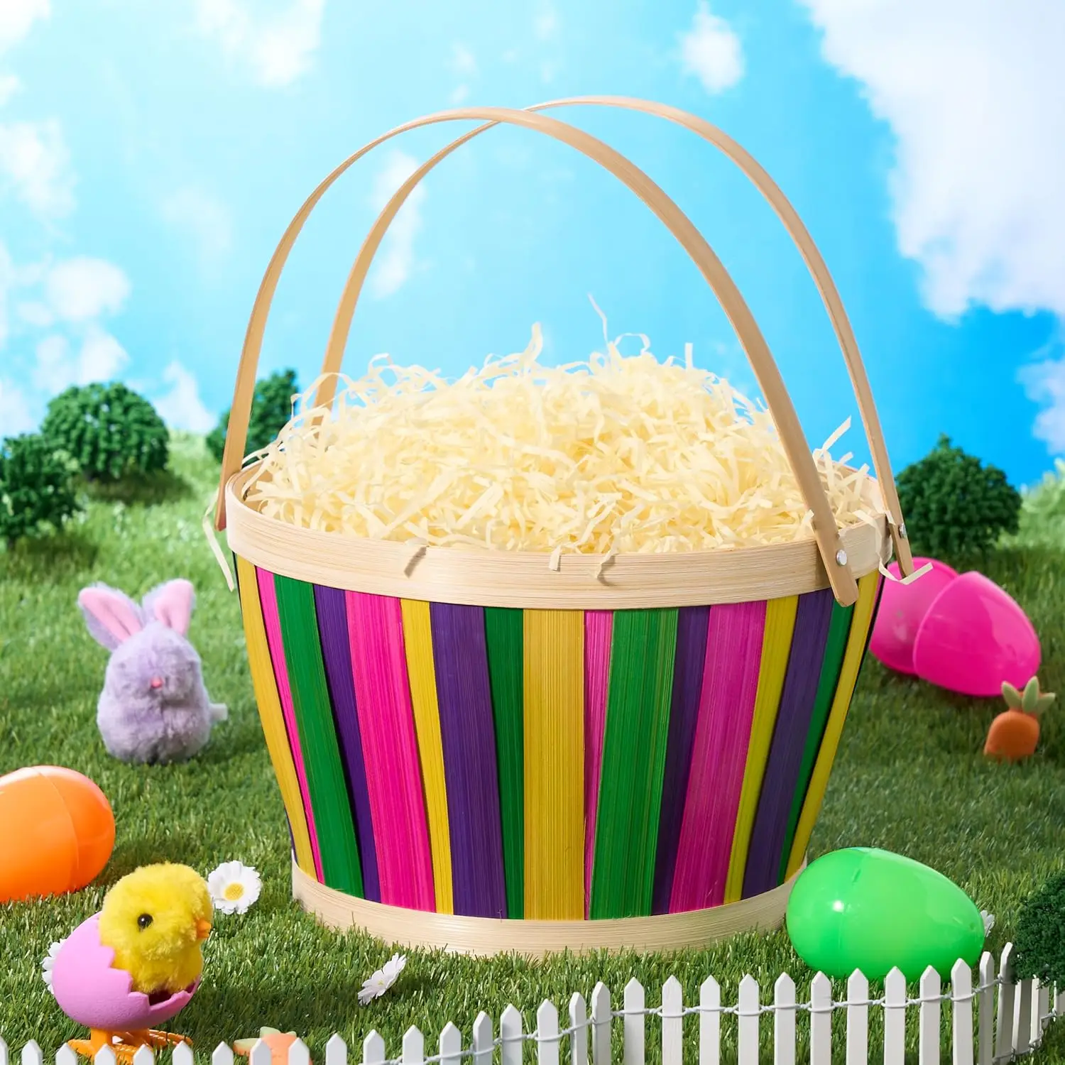 Easter Empty Gift Basket with Folding Handles for Easter Egg Hunt Kids Party Treats & Picnic Made from Rattan