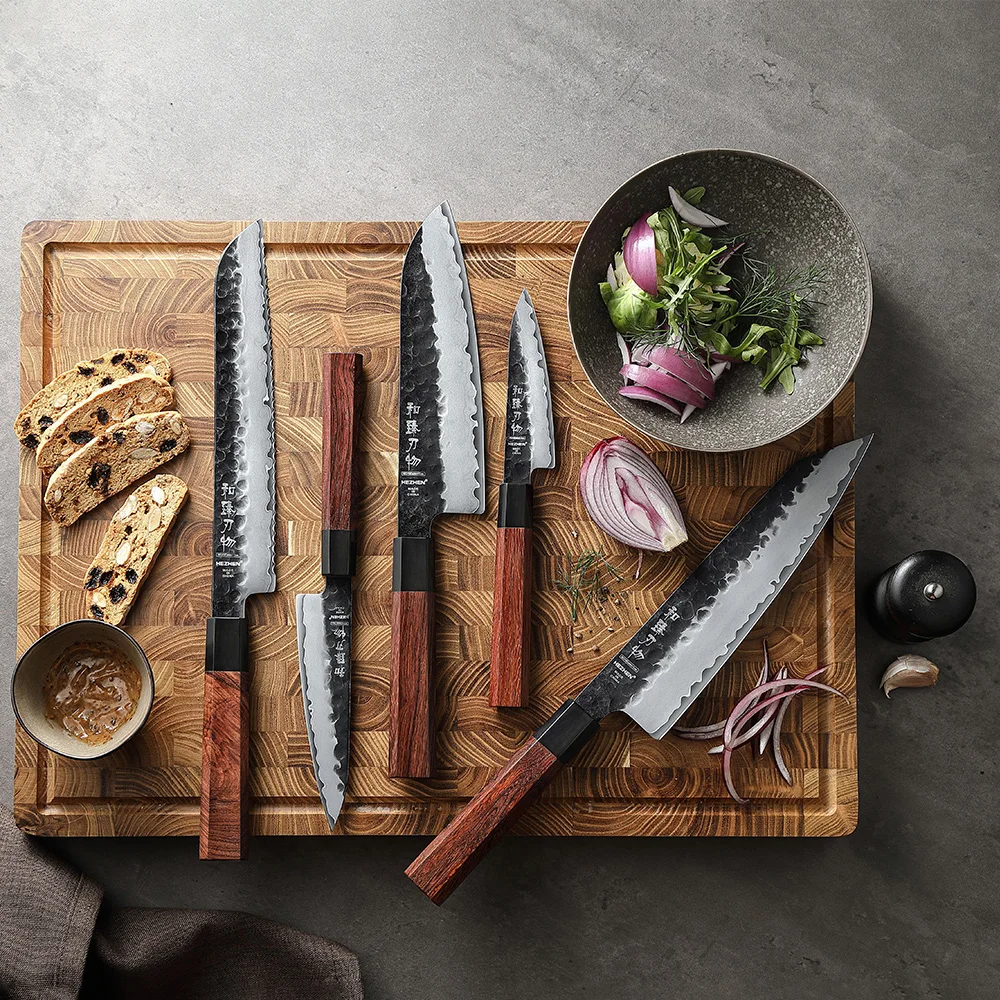 New 5Pcs Professional Kitchen Knife Set 10cr Core Stainless Steel Natural Red Wood Buffalo Horn Japanese Knives Gift