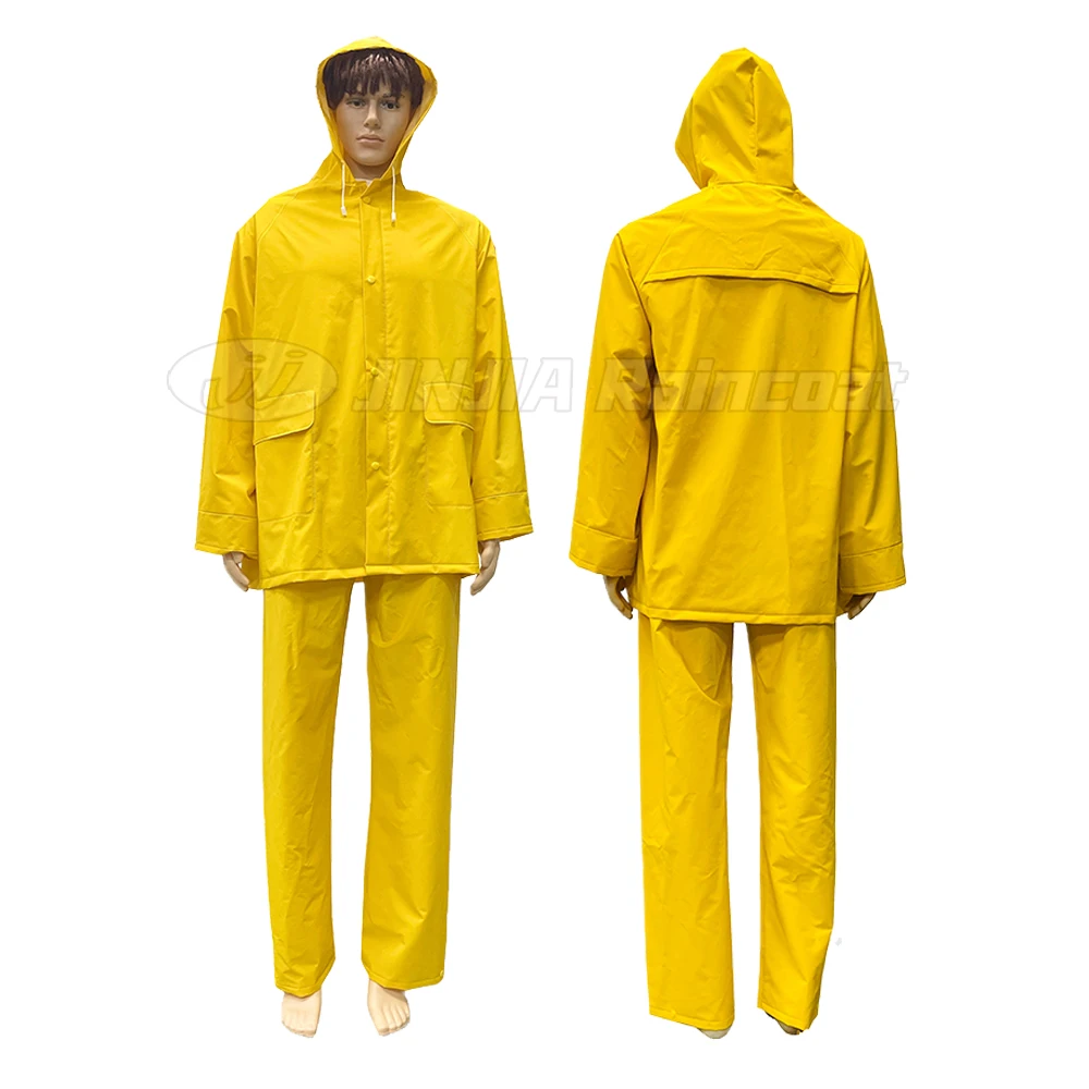 Hot Selling Work Raincoat Yellow Rain Suit Durable Safety Pvc Polyester Rain Suit Heavy Duty Raincoat for Men