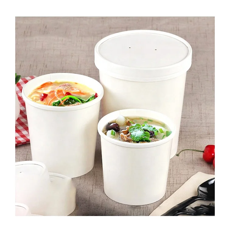 Recyclable Disposable Takeaway Food Packaging White Takeaway Food Packaging White Paper Soup Packaging Bucket/Cup/Bowl With Lid