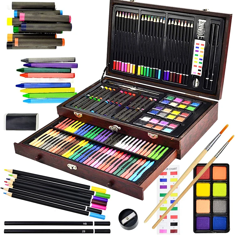 145 Piece  painting Art Set Wooden Art Box Drawing Kit with Crayons Oil Pastels Colored Pencils Watercolor Cakes Sketch Penc