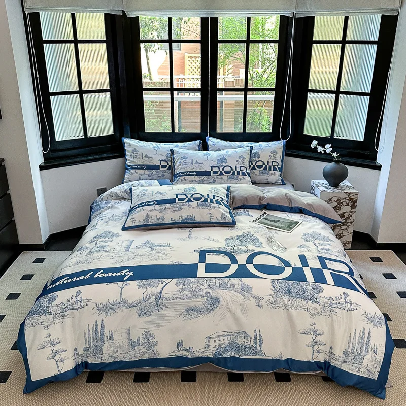 Brushed Cotton 4-In-1 Bedding Set Brown White King Size Duvet Cover Bed Sheet Bedding Set