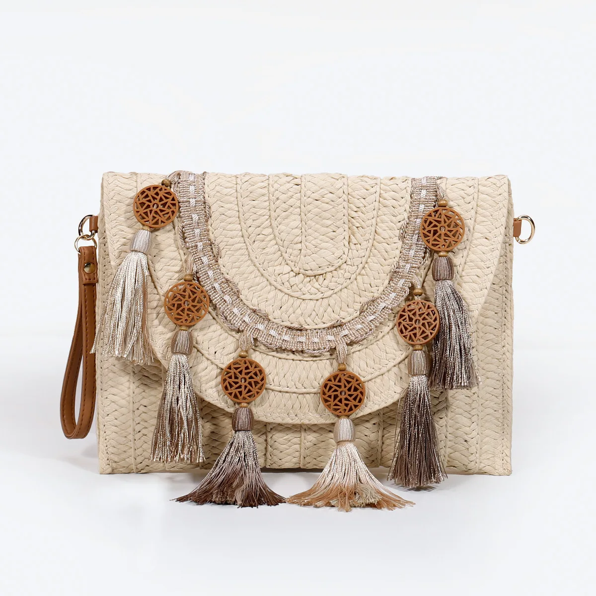 Bohemian Woman Fashion Natural Raffia Clutch Handmade Summer Beach Fringe Tassel Envelope Straw Bag
