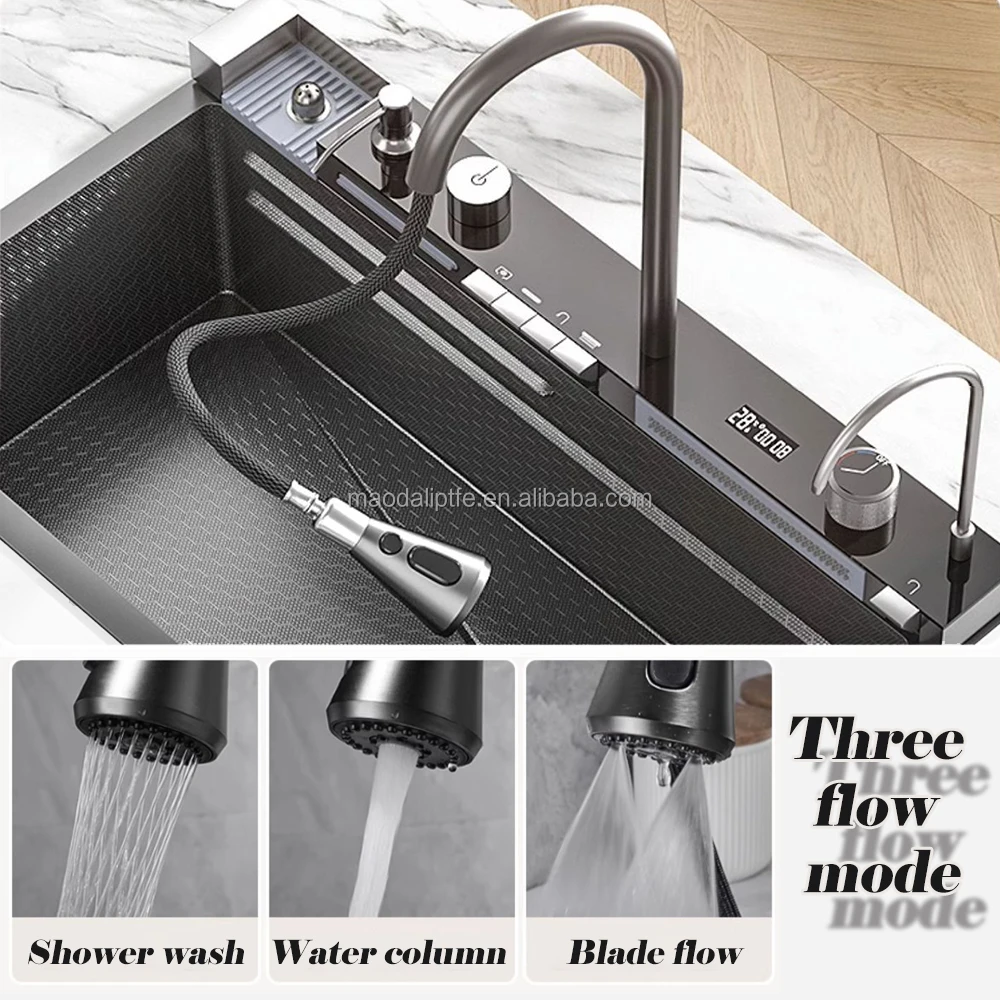 New Design Piano Switch Multifunction Stainless Steel Smart Waterfall Kitchen Sink Black Smart Sink Kitchen