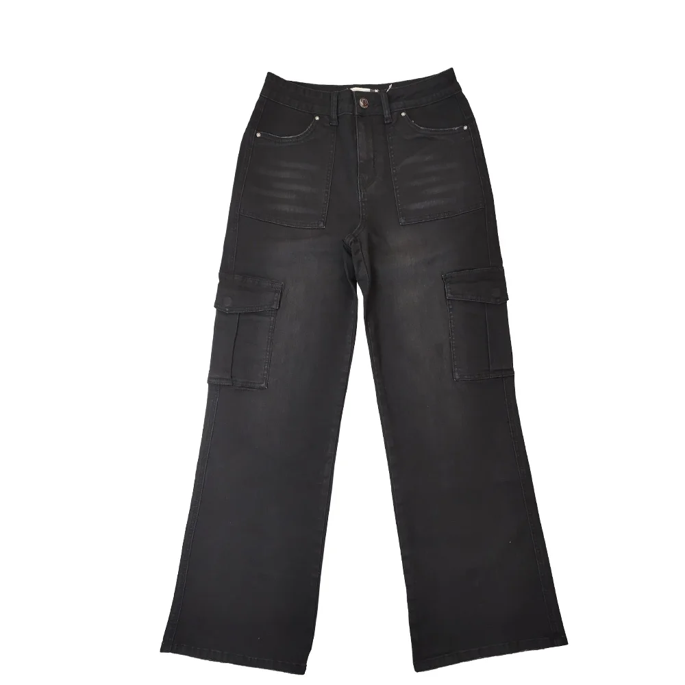 Custom OEM Manufacturer Deep Pocket High Waist Black Baggy Denim Ladies Long Parachute Cargo Pant For Women Jeans Trousers