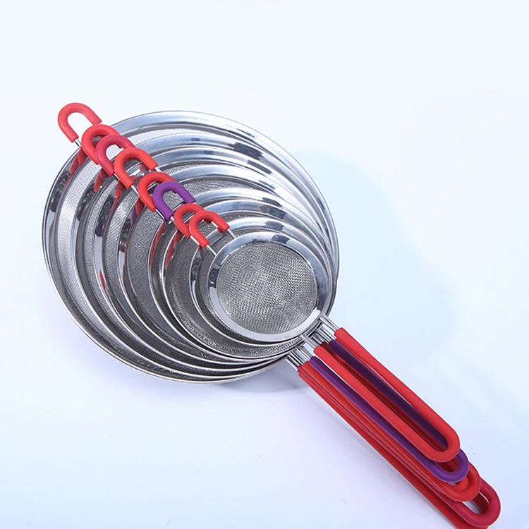 Multipurpose Strainer Stainless Steel Vegetable Fruits Juice Soup Strainer Sieve Oil Mesh Kitchen Tool with Red Handle
