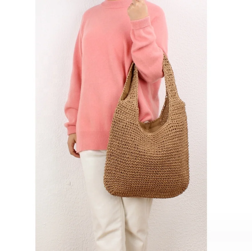 2024 Designer Moroccan Handmade Woven Rattan Shoulder Bag Large Capacity Vacation Beach Tote Bag Ladies Straw Bag with Handle