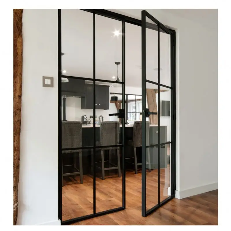 Modern Interior Office Partition Garden Patio French Style  Powder Coated Black Glass Door With Steel Frame