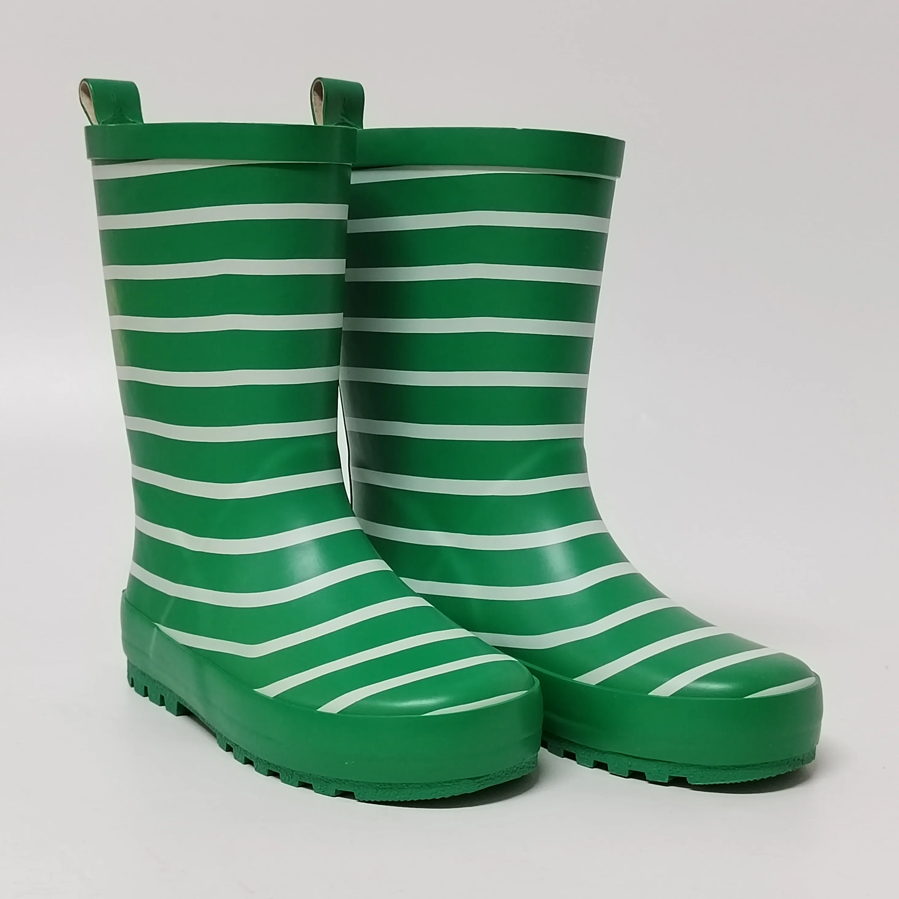 white stripe green lining waterproof rubber rain boots for children