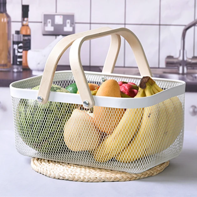 Portable Picnic Food Fruit Vegetables Sundries Metal Basket Rectangle Wire Mesh Storage Basket with Bamboo Handle