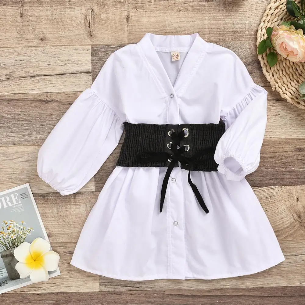 
2020 New Toddler Girl Fashion White Shirt Dress with Black Belt Cute Children Girl Outfit Laten Sleeves Kid Girl Top Blouse 