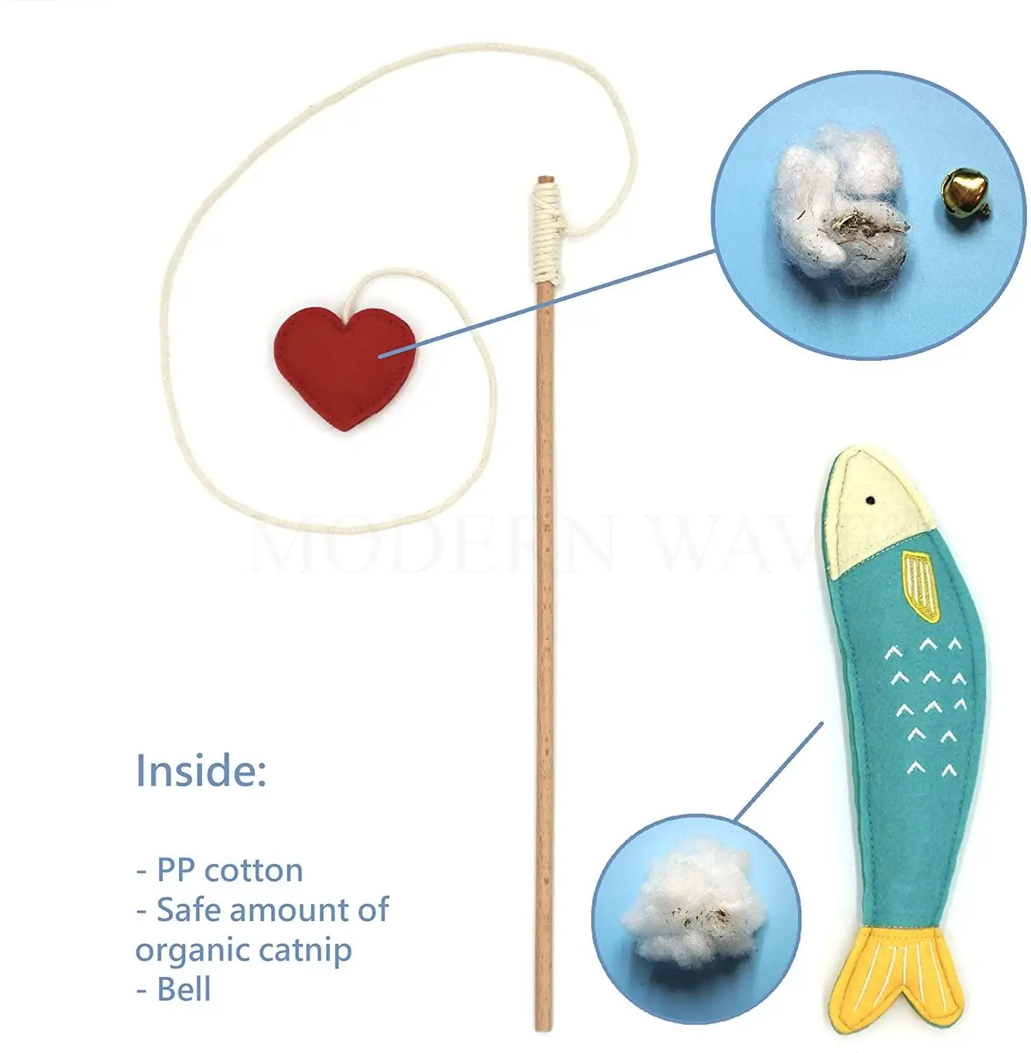 4 pcs Exclusive Handmade Catnip Chew Cat Toys Collection (Felted Fish,  Mouse with Bell, Cat Heart Teaser)