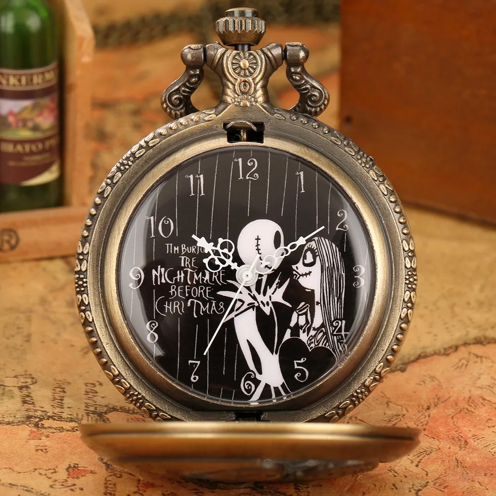 Vintage Stempunk Metal Pendant Watch Jack And Sally Necklace Clock Pocket Watch With Chain Bronze pocket watches for men gifts