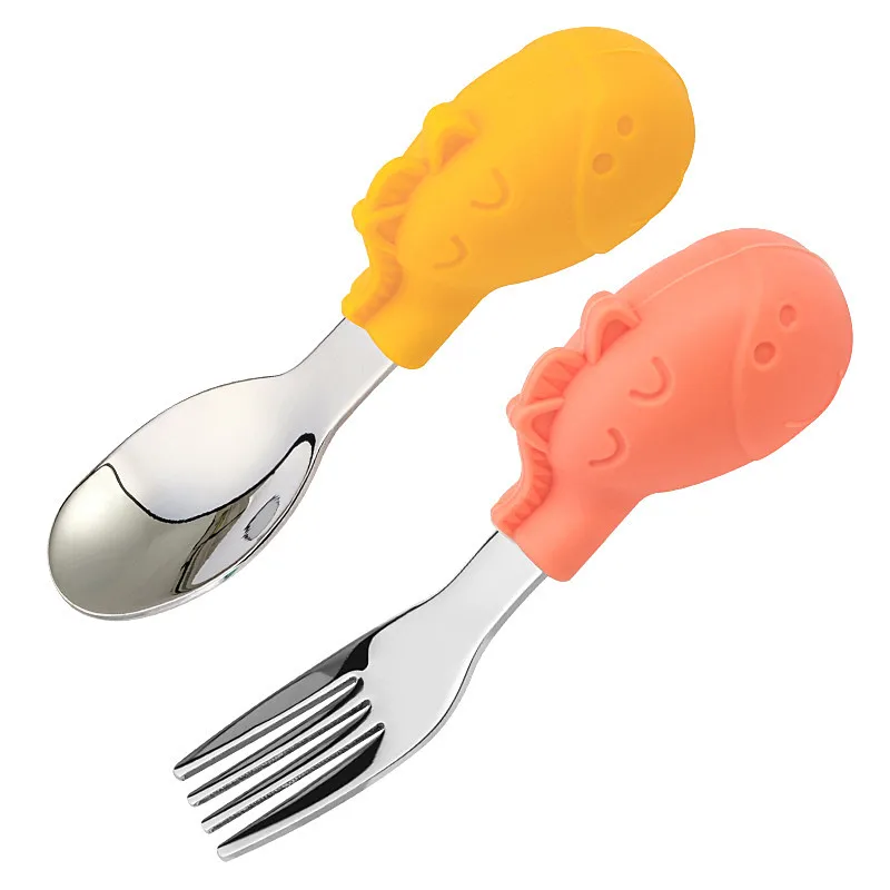 Hot Sale Baby Toddler Silicone Stainless Steel Baby Fork And Spoon 316 Baby Toddler Forks And Spoons