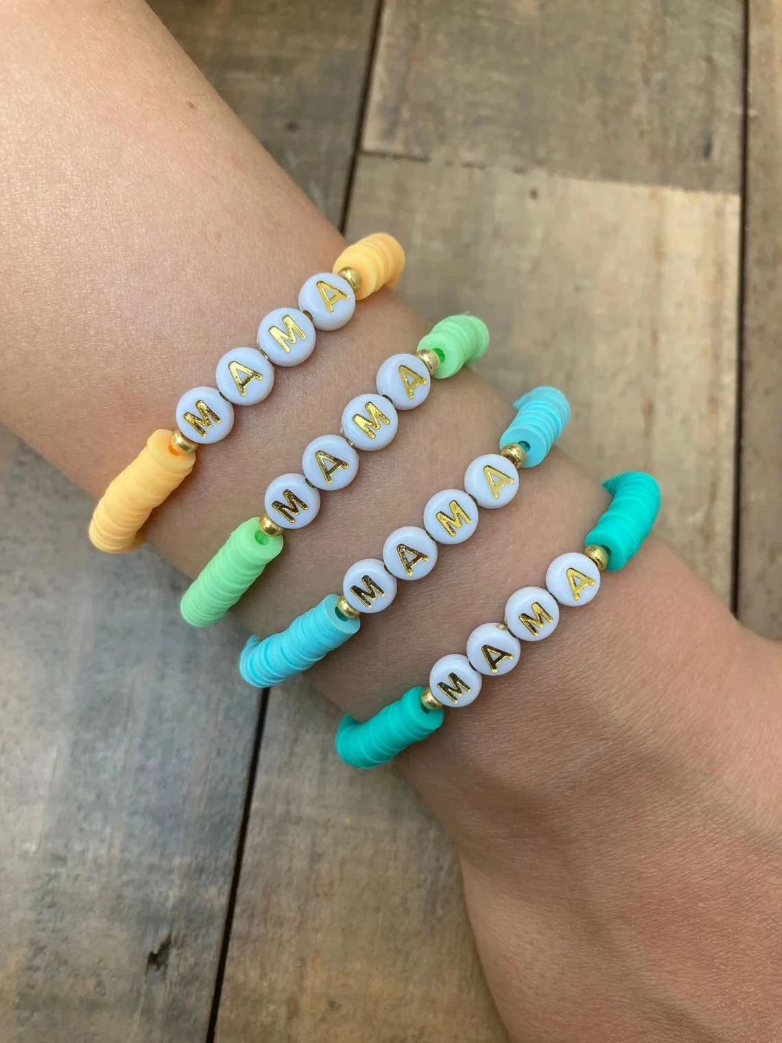 Custom MAMA Bracelet Charm Gold Filled Neutral Heishi Disc Bracelet Personalized Polymer clay Bracelet Bangle Jewelry Gift