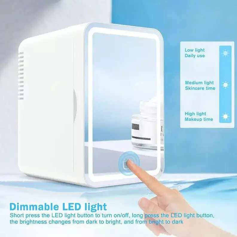Portable Mirrored Beauty Fridge With LED Lighting 4 Liter Mini Refrigerator, Skin Care, Makeup Storage